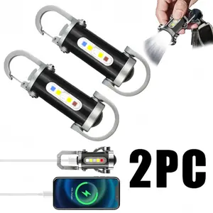 2PCS Rechargeable Keychain Flashlight, Portable Mini Keychain Flashlight 1200 Lumens, High Lumen EDC COB LED Work Light with 7 Modes, Waterproof Bright Pocket Flashlight for Walking Hiking Emergency Phone Charger