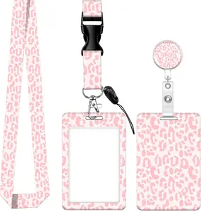 office supplies ID Badge Holder with Lanyard, Retractable Badge Holders Reels with Lanyards Adjustable, for Women Kids Teacher Nurses Doctor Student(Pink Leopard)