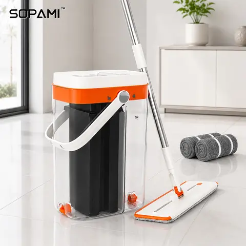 SOPAMI 3-Tank Flat Mop and Bucket Set, 360° Rotating Microfiber Mop for Wet & Dry Floor Cleaning, Hardwood, Tile and Kitchen Floors