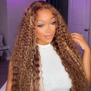 OQ HAIR Honey Blonde Light Highlight Water Wave Glueless Wig 7x5 Pre Cut Lace Human Hair Wigs for Beginner Friendly Pre-Colored Wear Go Wigs