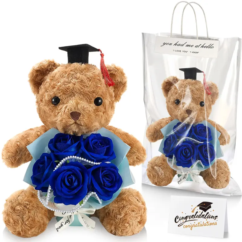 2026 Graduation Bear Plush & Floral Bouquet Set (32 x 27 cm Plushies) - Stuffed Animal with Cap, Artificial Roses, Decorative Box, Greeting Card, Photo Prop for Graduation Party Supplies, Congrats Gifts