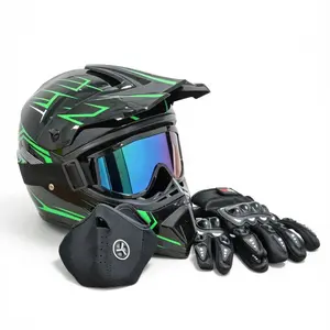 Adult Off-Road Electric Bicycle Helmet Green Lightning DOT Certified Dirt Bike Helmet Set with Goggles Gloves Mask Full Face Motorcycle Helmet ATV UTV Racing Helmet for Men Women Windproof Breathable Safety Gear