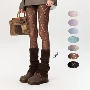 Spring and autumn pantyhose with hollow-out design, retro diamond-patterned leggings, sweet, cool and sassy style, Mint Mambo spring and autumn colored leggings