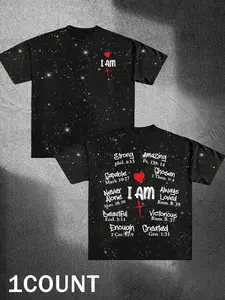 Men's Casual Short Sleeve Long T-Shirt with Silver Color Sparkling Stars, Graphic Prints 'i Am', Motivational Tags, Heart & Cross Elements for Everyday Wear, Menswear