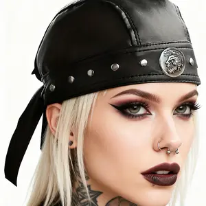 Skull Studded Leather Bandana Pirate Cap Women Adjustable Ties Headwrap Doo Rags Skeleton Motorcycle Biker Hair Bonnets Hats Accessories Urban Goth