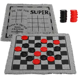 Giant Checkers Set Tic Tac Toe Game with Reversible Rug, 3 in 1 Jumbo Checkers Game Board for Family Camping, Yard, Lawn Games, 2 Players