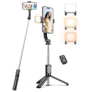 Selfie Stick Tripod with Light and Detachable Phone Holder, 41.7" Extendable Phone Tripod with Remote, 360° Rotatable Selfie Stick Stand for iPhone, Samsung, and Android Smartphones