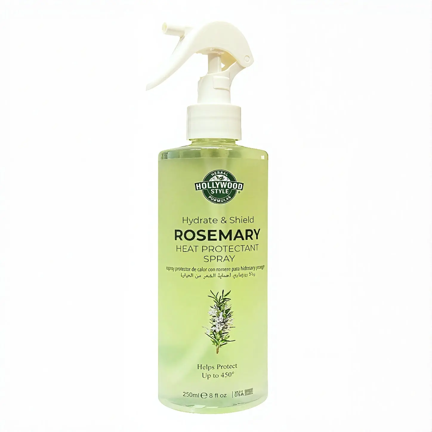 Hollywood Style Rosemary Heat Protectant Spray - Haircare Non-Greasy Leave-In Treatment, Hydrate & Shield, Plant-Based Formula with Organic Rosemary, Aloe Vera, Eucalyptus, Pro-Vitamin B5, 450°F Max Protection, 250ml, Non-Greasy Leave-In Treatments