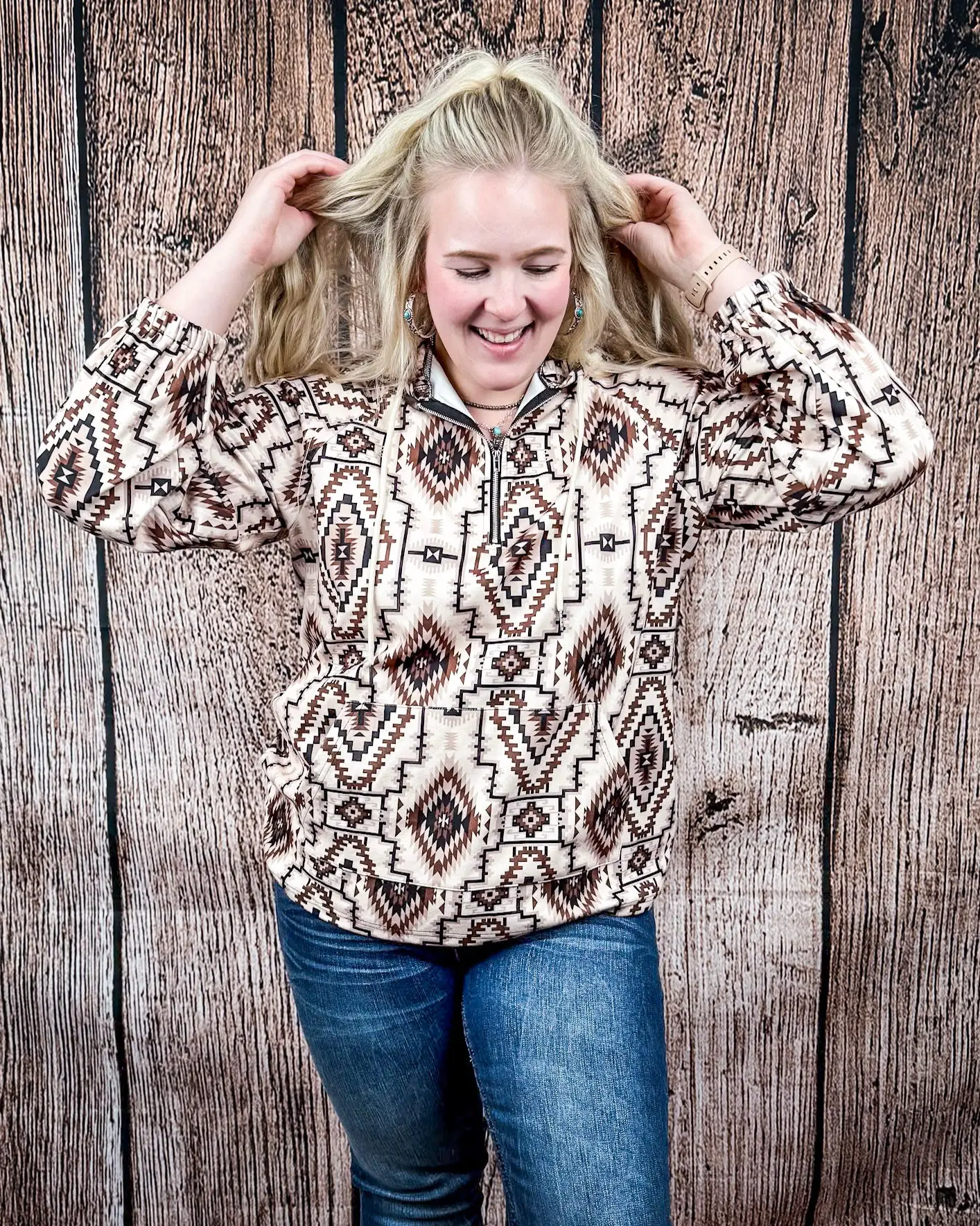 Bronco Western Supply Co. Women's Desert Sands Oversized Quarter Zip Pullover, Chocolate Kangaroo Fabric, Wrap Design, Functional Pocket