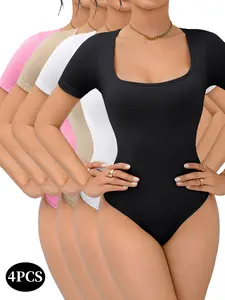 4 Pack Women's Shapewear Bodysuit, Solid Color, Fashionable Basic, Versatile Short-Sleeve Base Layer, Seamless Waist-Contouring Shapewear, Casual Everyday  Shapewear Bodysuit