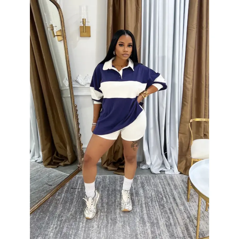 summer work outfit Casual Sporty 2 Piece Sets Women Patchwork Lapel Short Sleeve Oversized T-Shirt and Shorts Matching 2025 Tracksuits