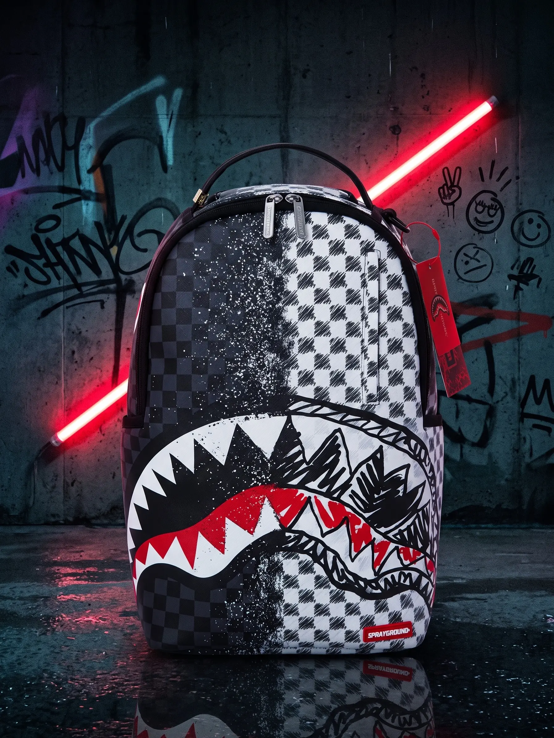 Unisex SG Split Chessboard Shark-Mouth Backpack, Black-White Splatter Graffiti Print, Streetwear Trendy Spacious Durable Urban Gym Daypack for School & Travel
