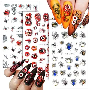 Halloween Nail Stickers, 5D Self Adhesive Nail Stickers for Nail Art, Halloween Nail Decals for Acrylic Nails Realistic Horror Blood Eye Spider Web Design, Nail Art Decorations Supplies 3Sheets