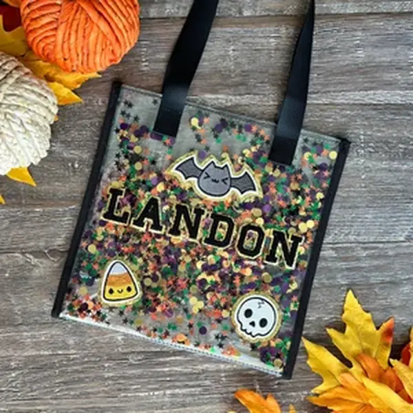 Glamorosa Personalized Trick or Treat Bag - Customized Confetti Halloween Tote, Candy Bucket for Kids, Fall Gifts for Kids