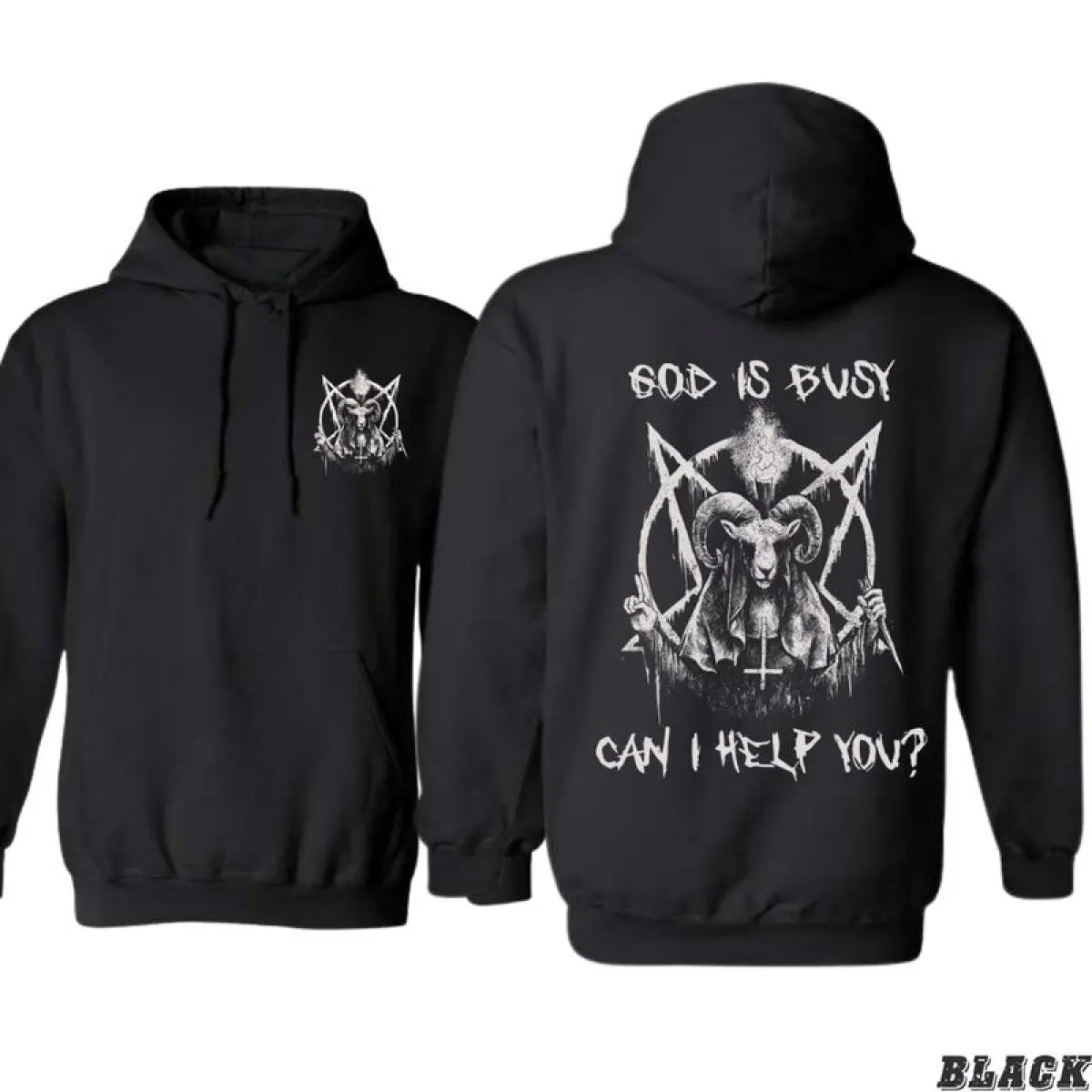 Dark Satanic Hoodie – "God Is Busy Can I Help You?" Graphic Hoodie, Evil Goat Skull Design, Gothic Punk Metal Streetwear, Alternative Occult Fashion, Rock Concert Outfit, Edgy Unisex Hoodie for Men & Women, Trendy Pullover Casual Sweatshirt