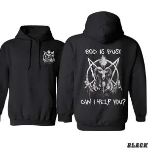 [graphic hoodies]Dark Satanic Hoodie – "God Is Busy, Can I Help You?" Evil Goat Skull Design – Bold Alternative Hoodie for Rock Metal and Gothic Fans