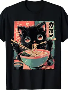 2026 Men's Kawaii Black Cat Eating Ramen Anime T-Shirt Crewneck Fabric Menswear Top Breathable Love Set Tee Tshirt
