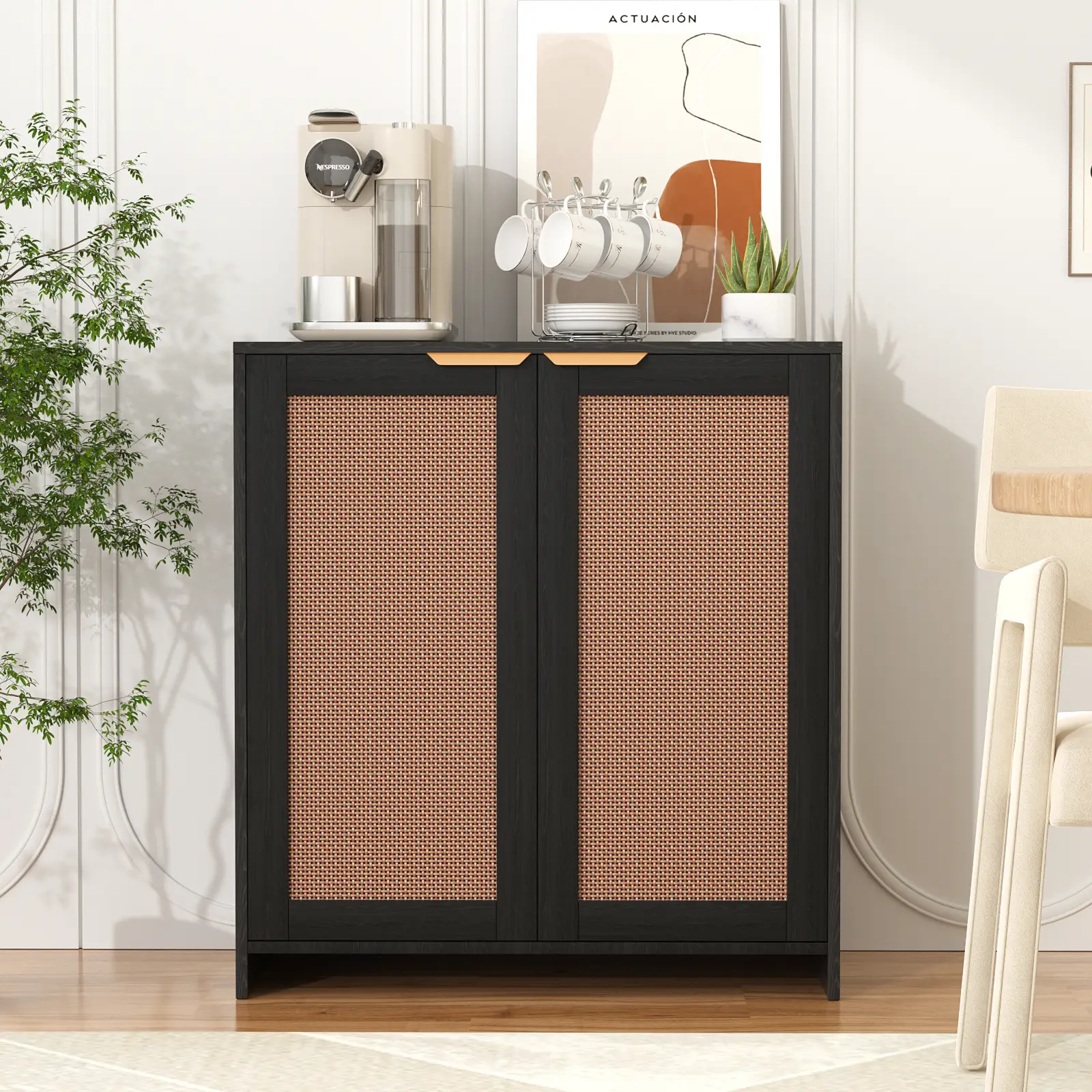 VOWNER Storage Sideboard Cabinet with Rattan Doors, Kitchen Buffet Sideboard with Anti-Slip Mat, Anti-Dumpling Device, Suitable For Kitchen, Living ro