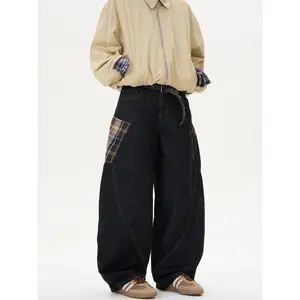 Men’s American-style niche patchwork plaid scimitar jeans — new for spring and autumn; loose retro casual trousers; menswear skinny/baggy denim streetwear