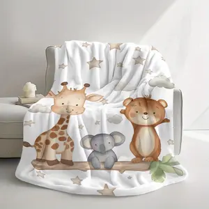 Baby Animal Blanket, Cute Safari Throw Blanket, Soft Flannel Giraffe Elephant Bear Blanket for Baby Boys Girls Toddlers, Nursery Room Decor, Baby Shower Gift, Kids Blanket for Crib Bed Couch Stroller