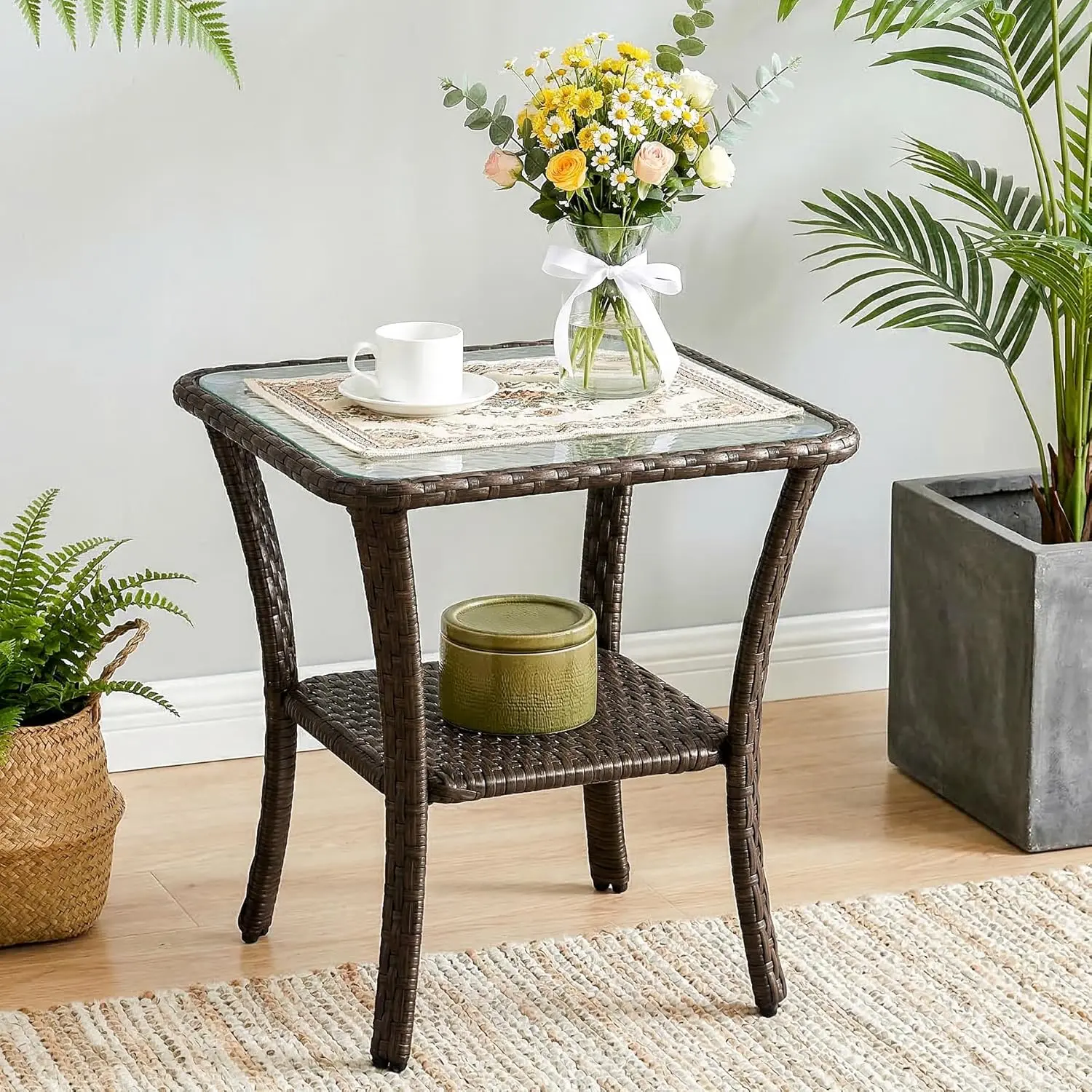 Tribesigns Patio Side Table, Outdoor Wicker End Table with Water-Resistant Glass Top, 2-Tier Rattan Side Table for Porch, Balcony, Backyard, Garden, Poolside, Brown