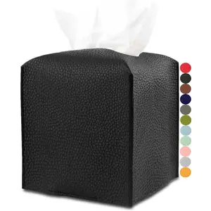 Leather Tissue Box Cover Square – Tissue Holder with Bottom Belt, Black Aesthetic PU Leather Tissue Box Holder Decorative for Bathroom, Home Office Decor