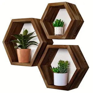 3pcs Hexagonal Floating Wall Shelf, Wall Mount Design, Available in Large, Medium, and Small Sizes - Wooden Hexagon Storage Rack Suitable for Home - Driftwood Decorative Wall Art - Gift for Home Decor Enthusiasts