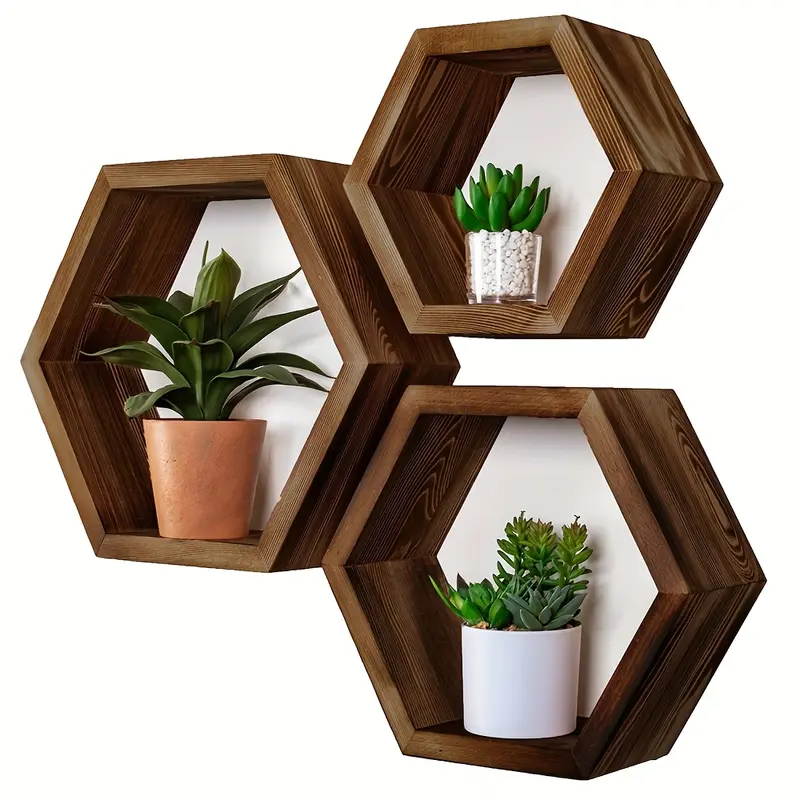 3pcs Hexagonal Floating Wall Shelf, Wall Mount Design, Available in Large, Medium, and Small Sizes - Wooden Hexagon Storage Rack Suitable for Home - Driftwood Decorative Wall Art - Gift for Home Decor Enthusiasts