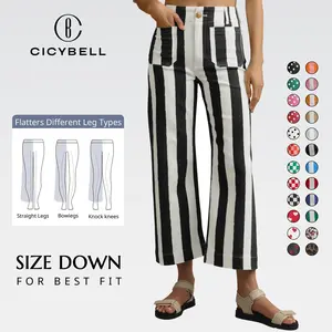 Cicy Bell Womens Striped Jeans Casual High Waisted Stretchy Polka Dots Straight Leg Denim Pants with Pockets