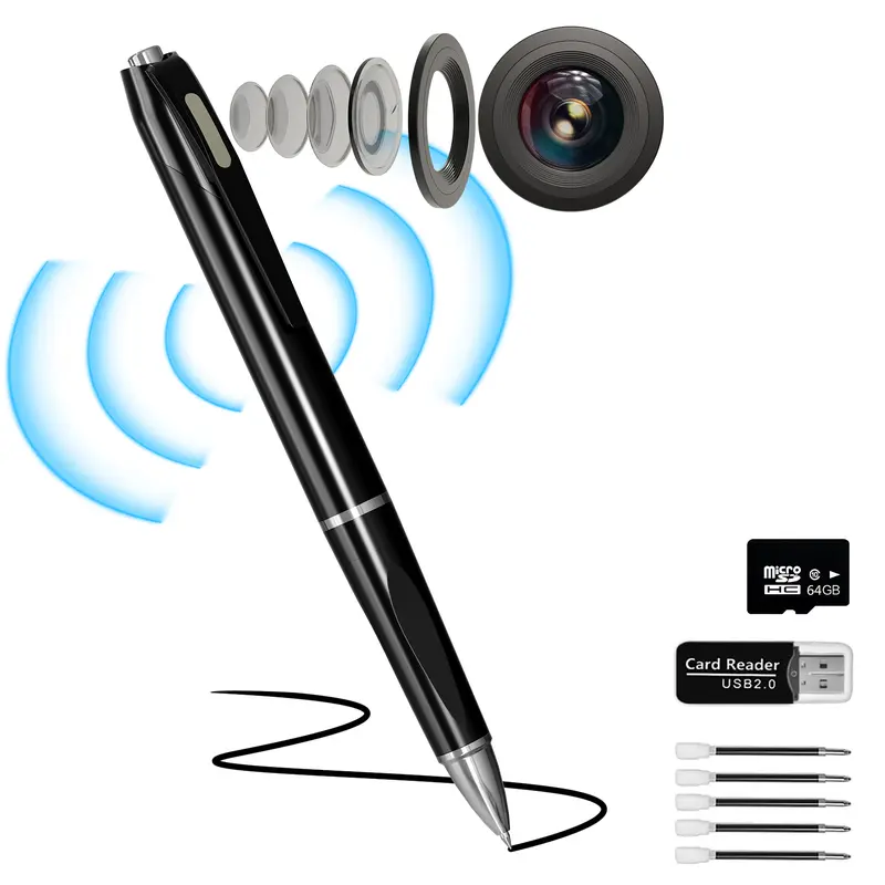 Hidden Camera-Mini Cameras HD 1080P-with 64GB SD Card Data Cable and Card Reader-Hidden Cameras Pen Cameras for Indoor Safety Classroom Learning