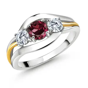 Gem Stone King 925 Silver and 10K Yellow Gold Rhodolite Garnet and Moissanite 3-Stone Ring for Women | 1.06 Cttw | Round 5MM and 4MM | Two-Tone Split-Shank Wedding Anniversary Promise Ring