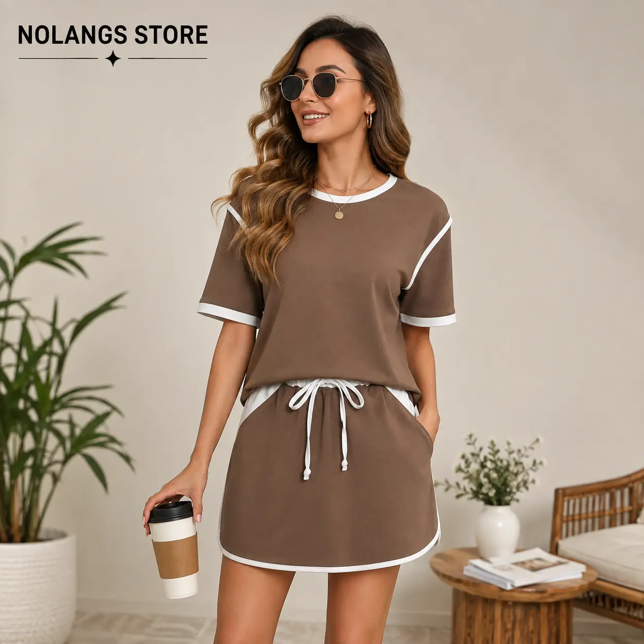 NOLANGS STORE Women's Skort Sets 2 Piece Outfits Color Block Short Sleeve T-shirt Skorts Matching Lounge Sets with Pockets