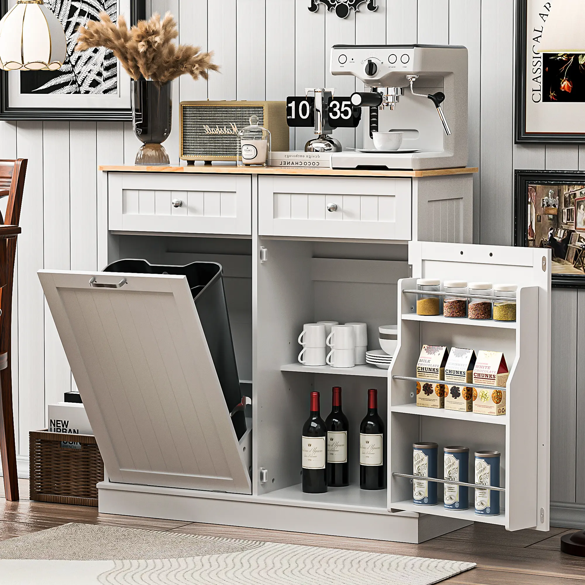 【Does Not Include Trash Can】 Spurgehom Single Tilt-Out Trash Can Cabinet, 13 Gallon Hidden Garbage Bin with Door Shelf, Pet-Proof Kitchen Storage Cabinet, Classic, Tilts Out summervibes Stainless Steel Bin