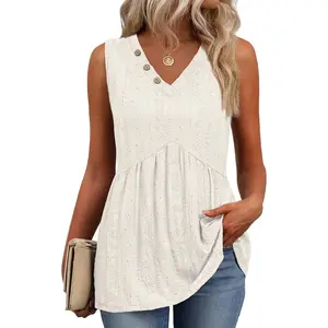 Womens Tank Tops 2026 Boho Fashion Clothing Flowy Peplum Top Button Down Sleeveless V Neck Babydoll Tank Top