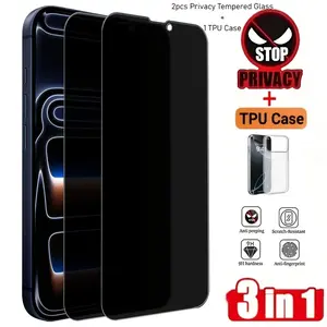 3in1[2pcs Privacy Screen Protector+1pcs Phone Case] For iPhone 17 Air/16E/17/16/15/14/13/12/11/Pro Max/Pro/Plus/Mini/X/XS/XR/XS MAX/7/8/SE,9H Hardness,Anti-Spy,Anti-Shatter & Scratch Resistant, Accessories