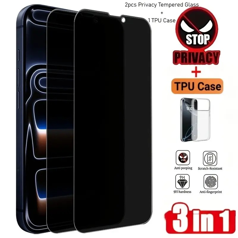 3in1[2pcs Privacy Anti Peep Tempered Glass Screen Protector+1pcs Phone Case] For iPhone 17 Air/16E/17/16/15/14/13/12/11/Pro Max/Pro/Plus/Mini/X/XS/XR/XS MAX/7/8/SE,9H Hardness,Anti-Spy,Anti-Shatter & Scratch Resistant, Protective Accessories