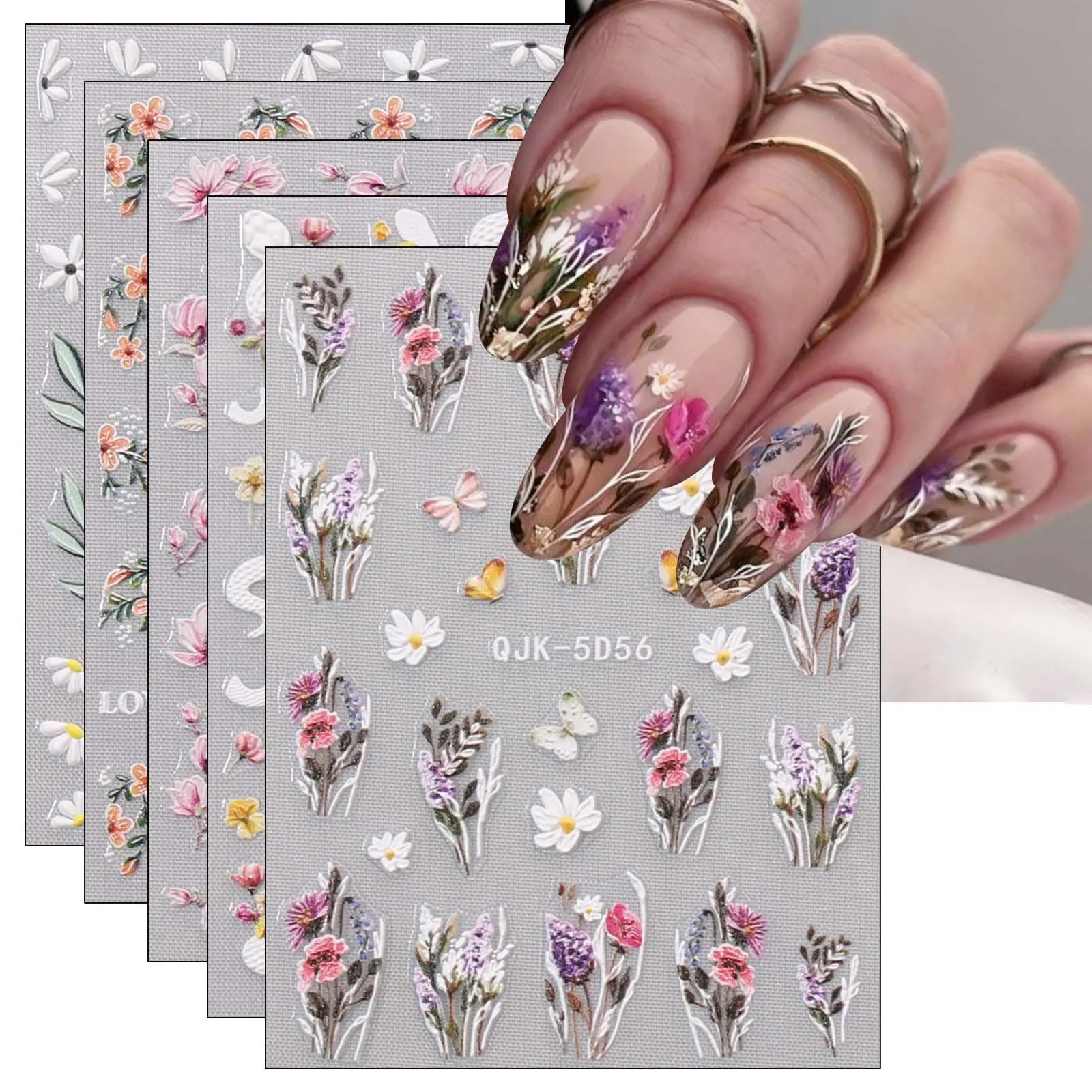 6 Sheets 3D Embossed Spring Flower Nail Art Stickers Decals Self-Adhesive Pegatinas Uñas 5D Colorful Summer Floral Lavender Nail Supplies Nail Art Design