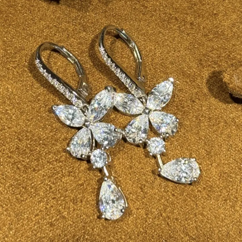 14K white Gold plated sterling silver Butterfly cubic zirconia Cluster Earring elegant pendant Earring