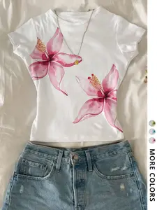 Women's Floral Print Round Neck Tee, Casual Slim-fitting Short Sleeve T-shirt, Ladies Summer Clothes for Daily Wear, Top