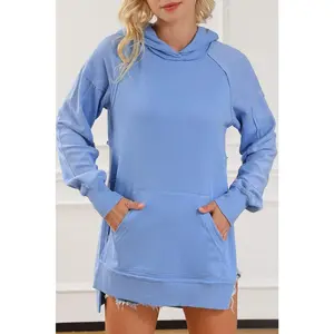 Blue Raw Seam Patchwork Kangaroo Pocket Tunic Hoodie
