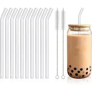 [10 Pcs]  Bent Boba Glass Straws - 9" x 14 mm Extra Wide Clear Glass Straws Shatter Resistant With 2 Cleaning Brushes for Bubble ,Smoothies,Milkshakes