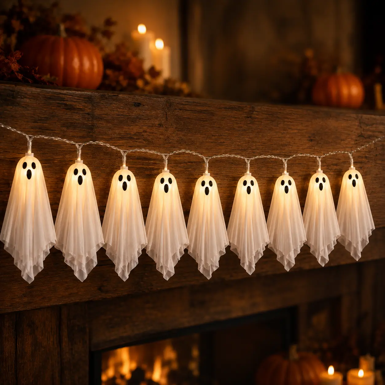 Halloween Ghost String Lights, 10 Pcs Light-Up Ghost Garland with Remote Control and Timer, Battery Operated Warm White Halloween Decorations for Mantel, Fireplace, Window, Porch and Party