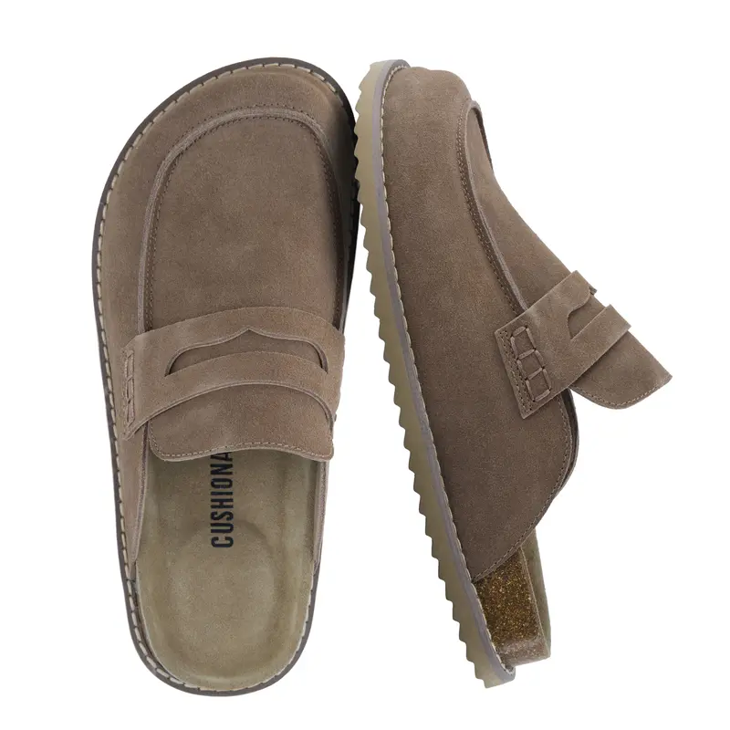 Cushionaire Zola Suede Clogs For Women | Genuine Suede Slip On Penny Loafer Clogs With Cork Footbed | Classic Closed Toe Mule Design For Everyday Casual Wear