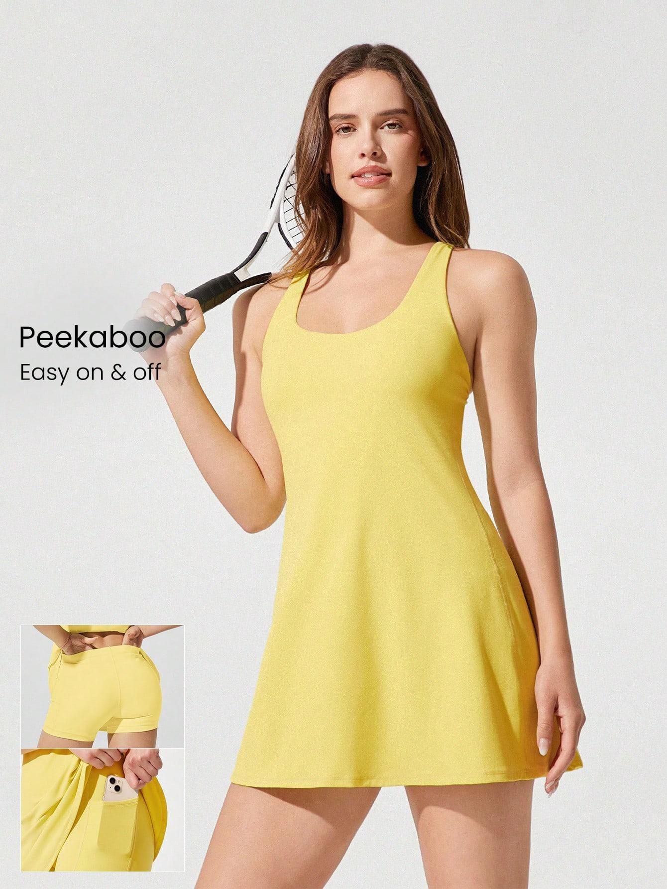 GLOWMODE FeatherFit-Air Peekaboo Strappy Dress With Built-In Anti-Slip Shorts Low Impact Yoga Summer Dress Quick Dry Moisture Wicking