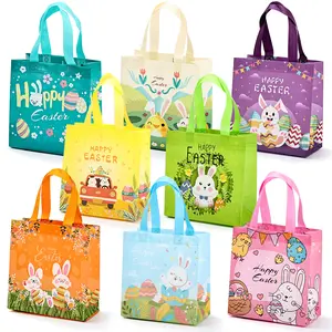 8 Pack Easter Gift Bags for Kids, Bunny & Egg Treat Bags with Handles, Egg Hunt Goodie Bags, Easter Basket Fillers, Trendy Non-Woven Tote Bags for Easter Party Favors Set Multicolor Decorations