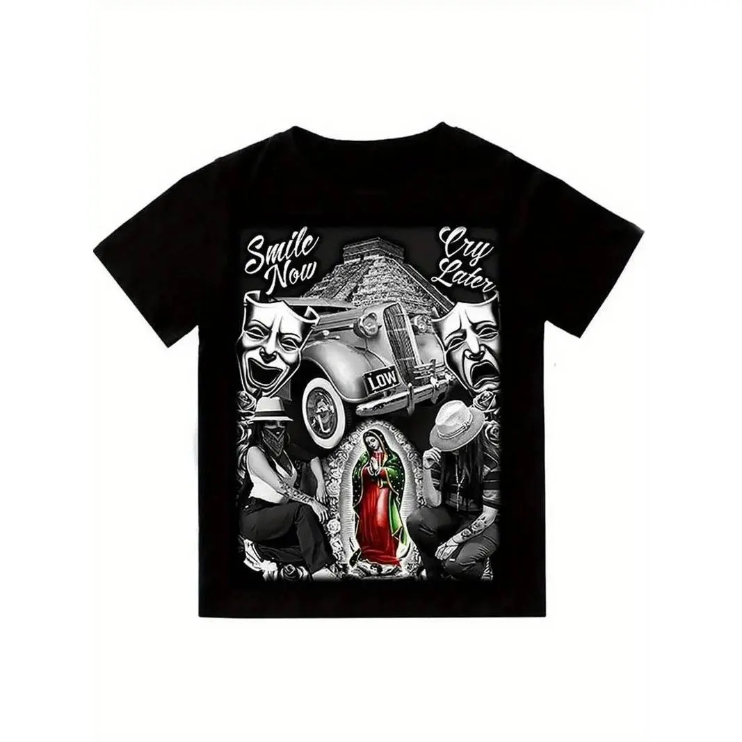 Women's Essential Short-Sleeve Aztec-Inspired Graphic Cotton T-Shirt - Round Neck, Breathable, Stretchy, Vibrant Print, Easy Care, All-Season Wear, Fits with Bottoms/Coats for Daytime Casual Streetwear