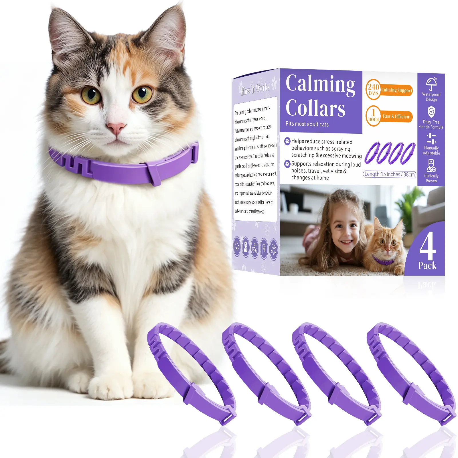 Calming Collar for Cats, 4 Pack Cat Pheromone Collar, 60-Day Each, 240 Days Total, Adjustable 15 Inch Cat Calming Collars for Indoor Cats, Water Resistant, Purple