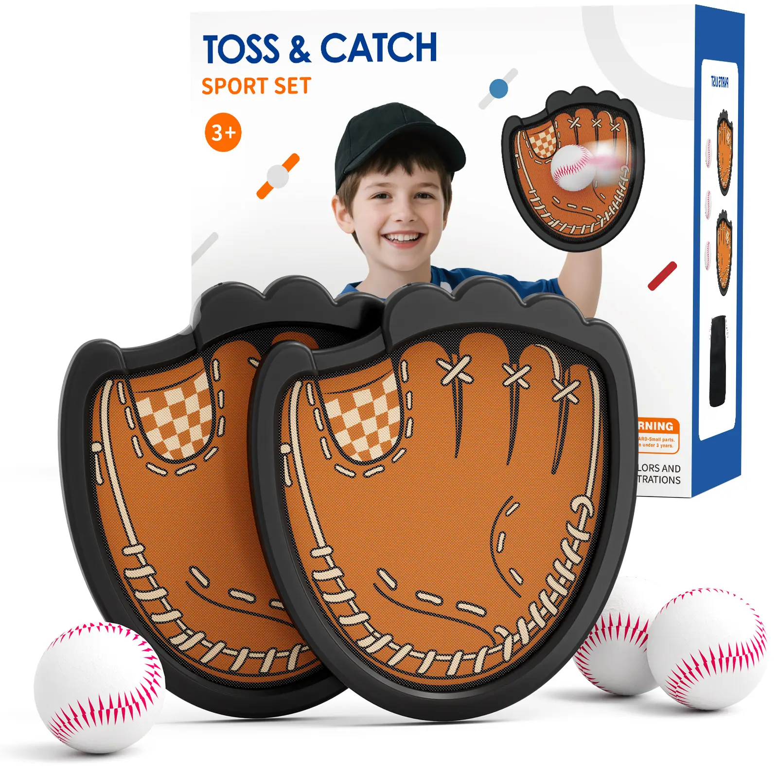 Toss and Catch Ball Set, Toddler Baseball Glove Includes 2 Paddles & 3 Sticky Balls, Catching Ball Game for Beach Yard Pool Outside, Indoor Outdoor Toys Gifts for Kids Ages 3-12, Brown