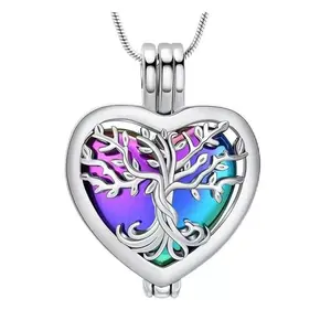 Hollowed-Out Life Tree Cremation Urn Necklace - Stainless Steel Heart-Shaped Pendant for Holding Ashes, Commemorating Loved Ones