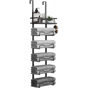 Hanging Towel Racks for Bathroom No Drill - 6-Tier Over The Door Bath Towel Storage Organizer for Small Bathrooms - Tiered Back of Door Towel Holder Hanger for Rolled Towels RV Camper Black